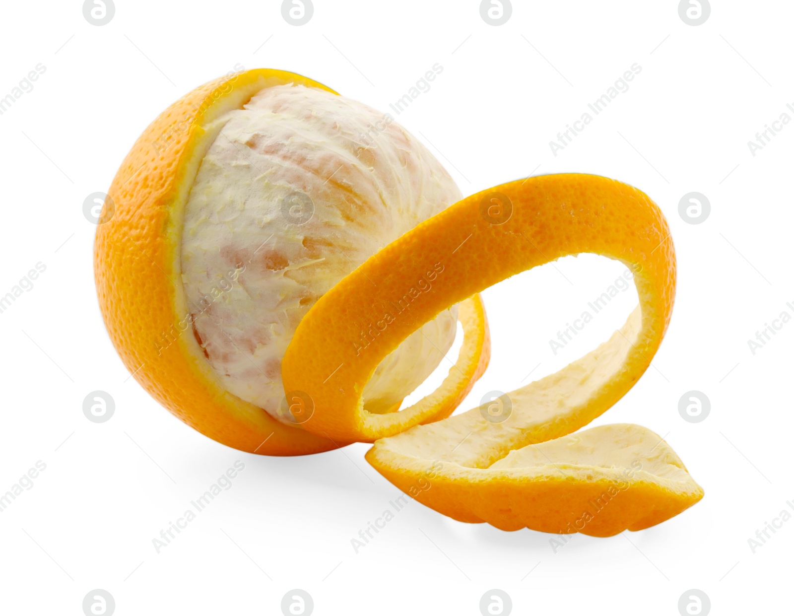 Photo of Fresh orange peel and fruit isolated on white