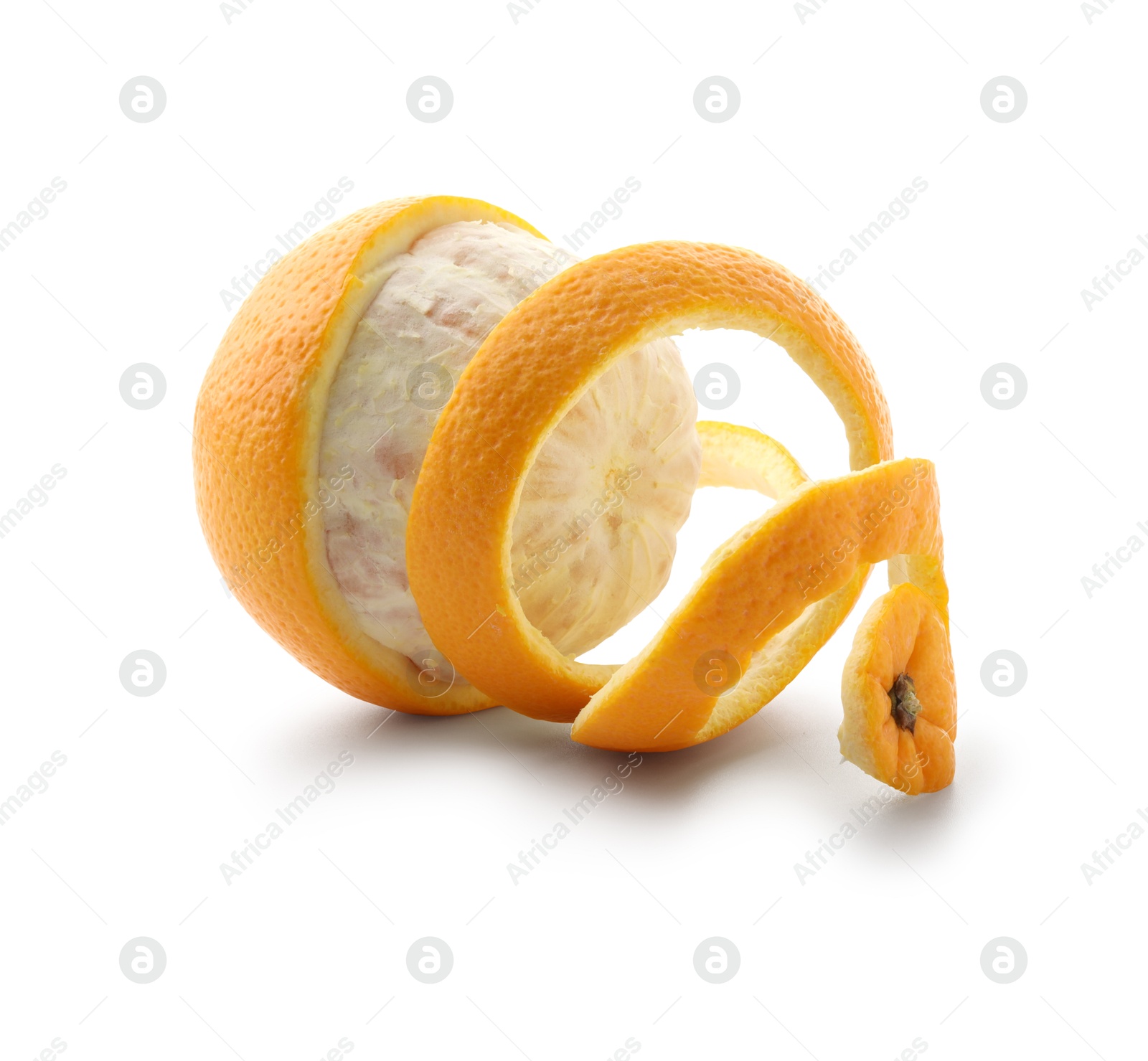 Photo of Fresh orange peel and fruit isolated on white