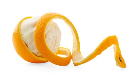 Photo of Fresh orange peel and fruit isolated on white