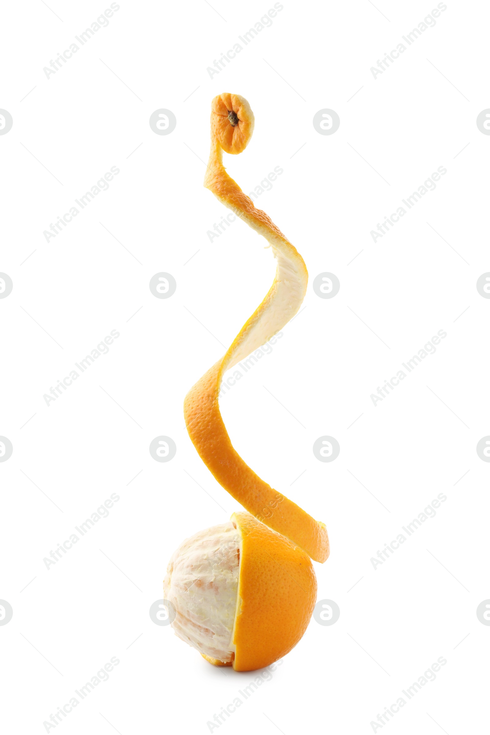 Photo of Fresh orange peel and fruit isolated on white