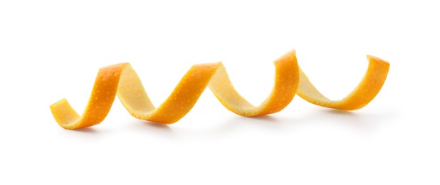 Photo of Twirl of orange peel isolated on white