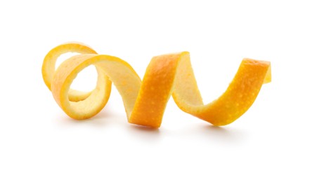 Photo of Twirl of orange peel isolated on white