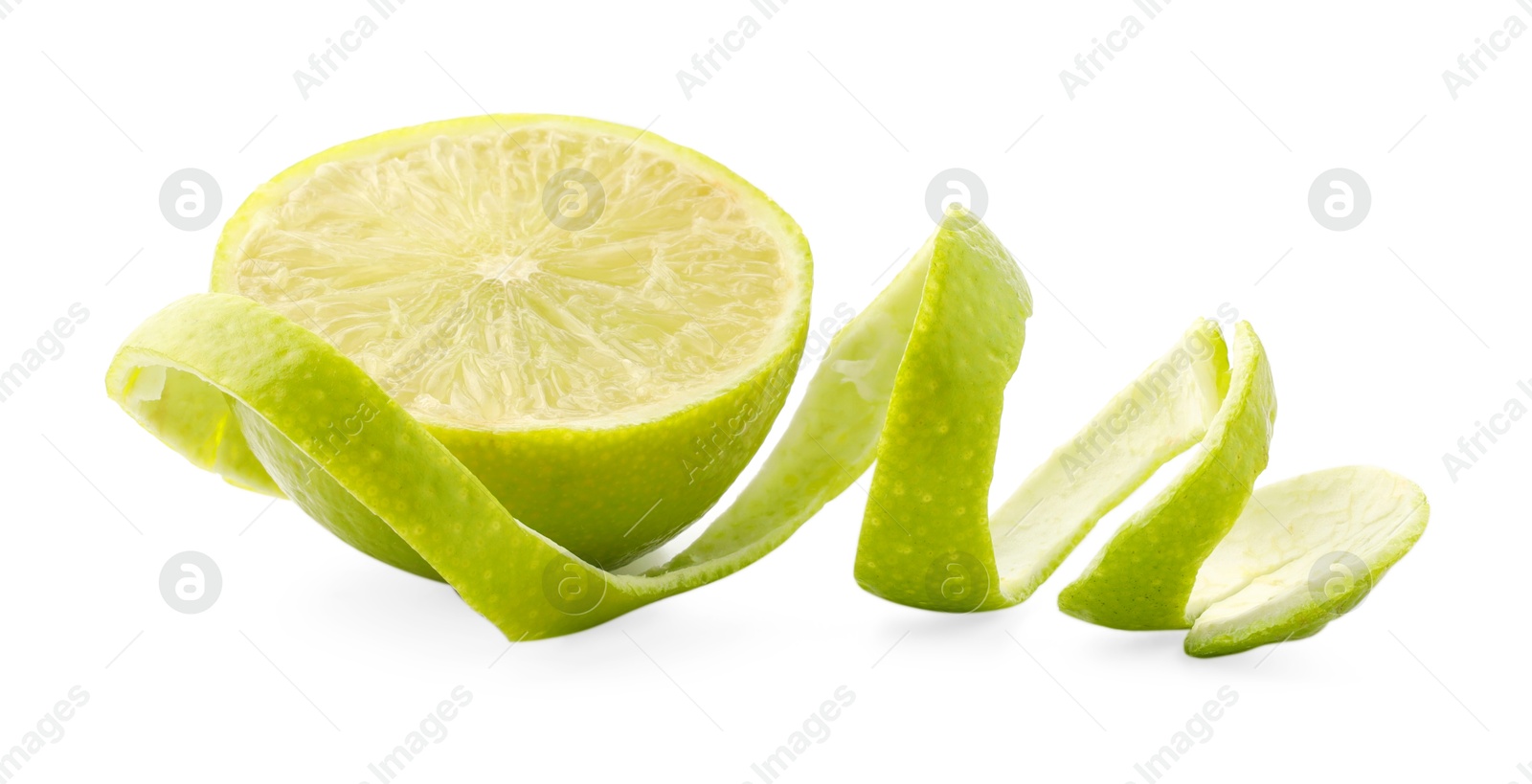 Photo of Fresh lime peel and half of fruit isolated on white