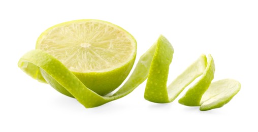 Photo of Fresh lime peel and half of fruit isolated on white