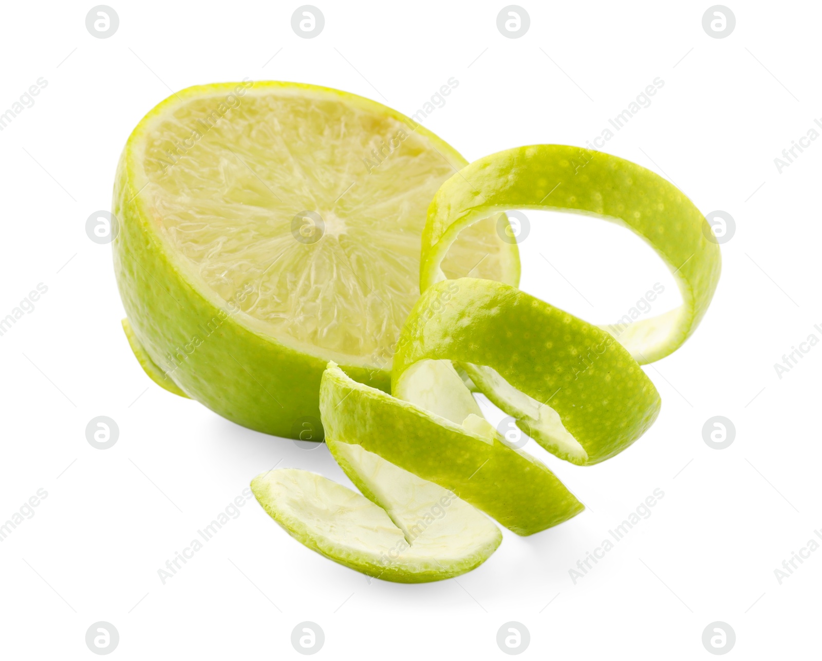 Photo of Fresh lime peel and half of fruit isolated on white