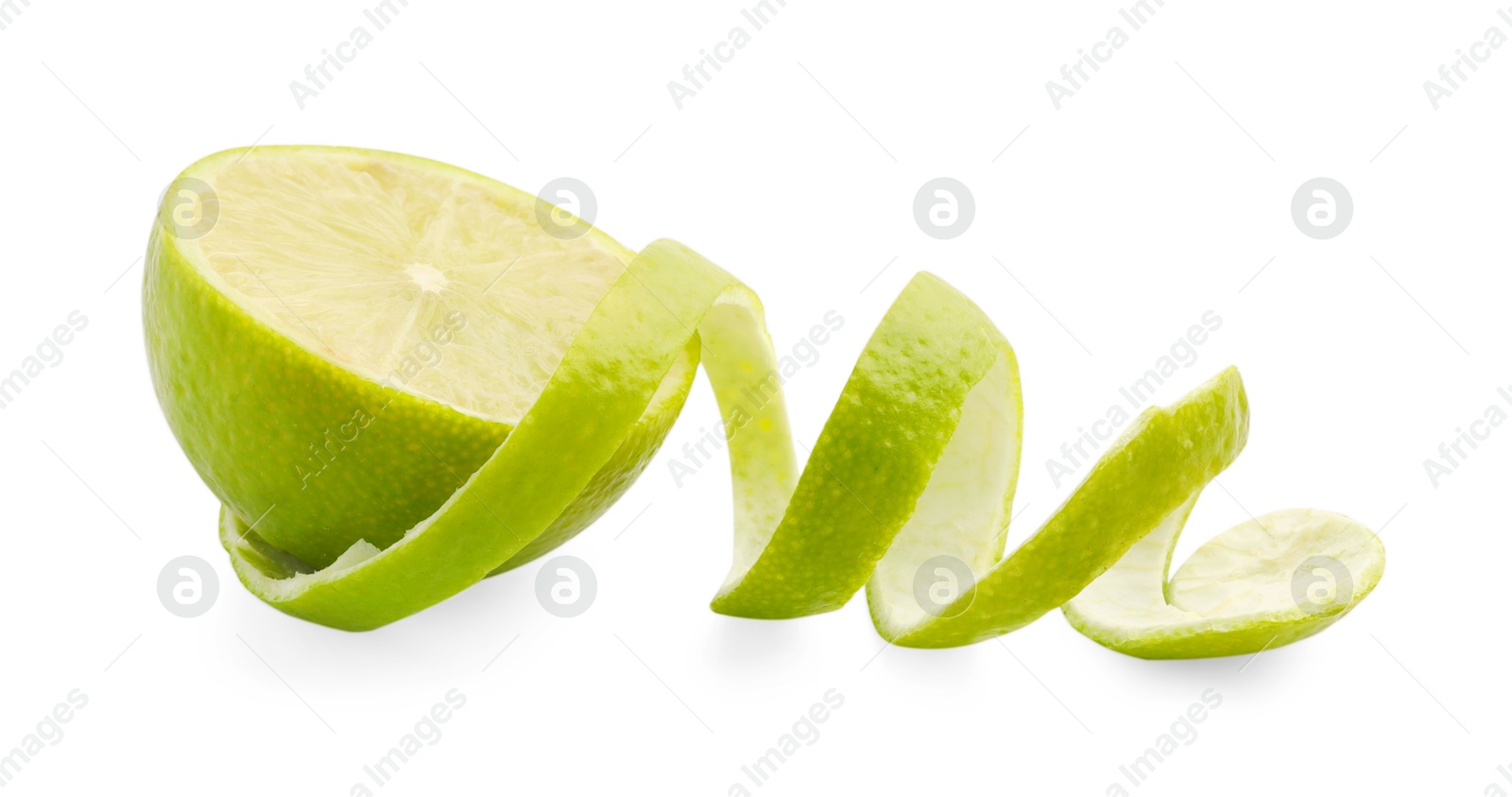 Photo of Fresh lime peel and half of fruit isolated on white