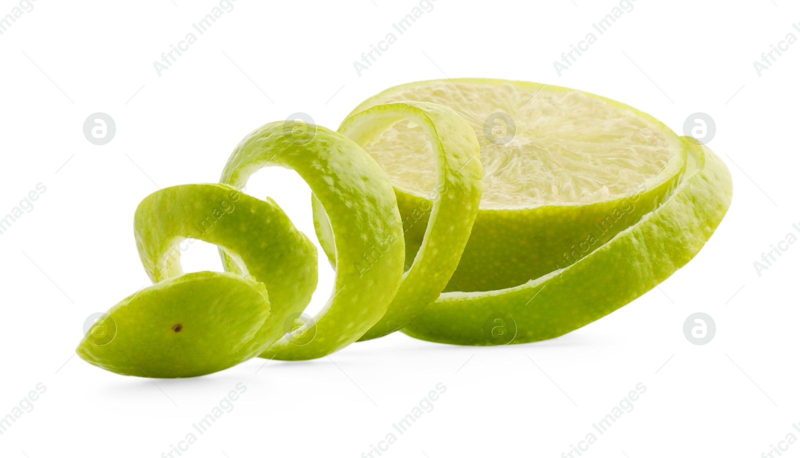 Photo of Fresh lime peel and half of fruit isolated on white