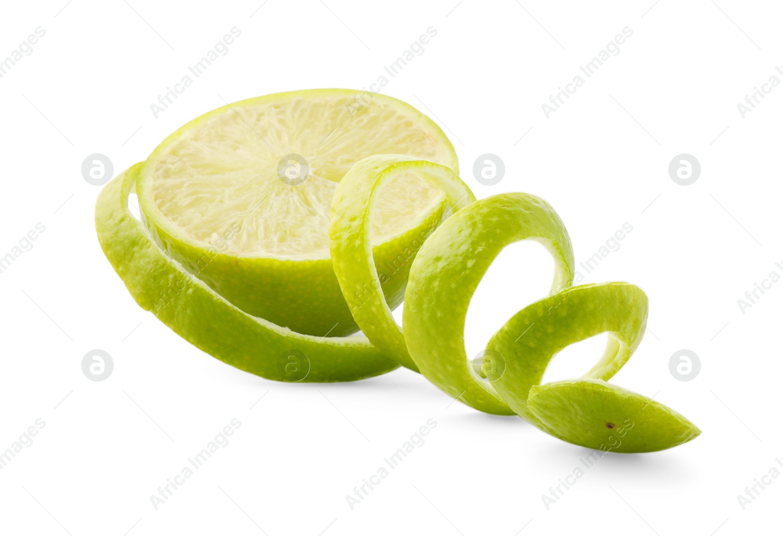 Photo of Fresh lime peel and half of fruit isolated on white