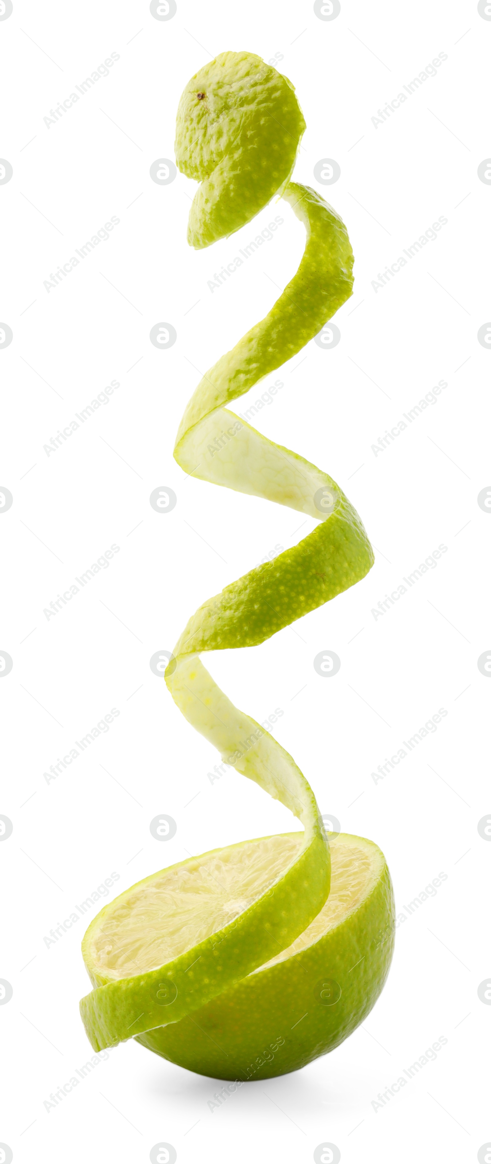 Photo of Fresh lime peel and half of fruit isolated on white