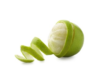 Photo of Fresh lime peel and fruit isolated on white