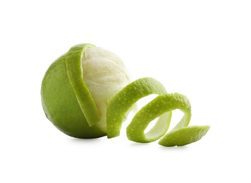 Photo of Fresh lime peel and fruit isolated on white