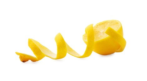 Photo of Fresh lemon peel and half of fruit isolated on white