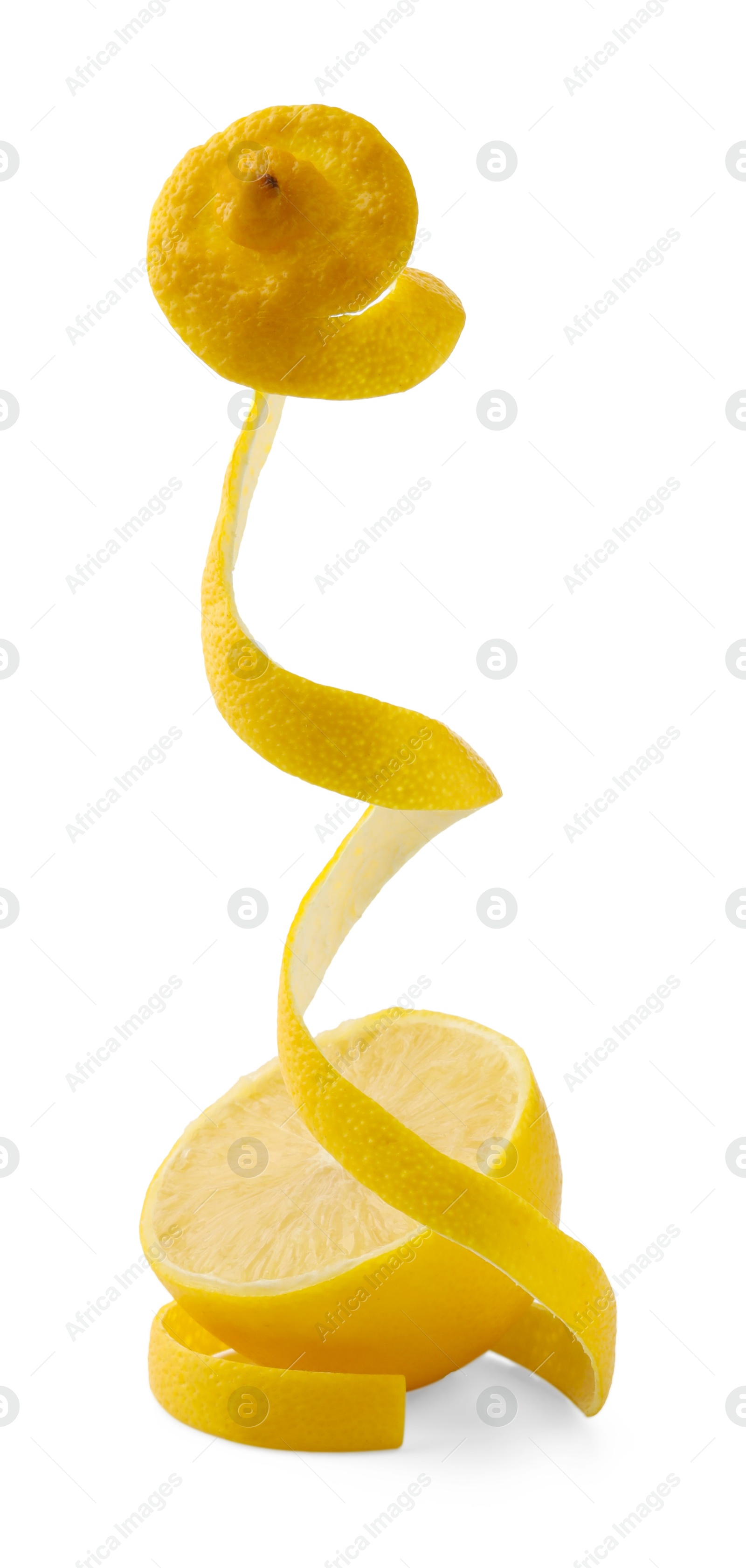 Photo of Fresh lemon peel and half of fruit isolated on white