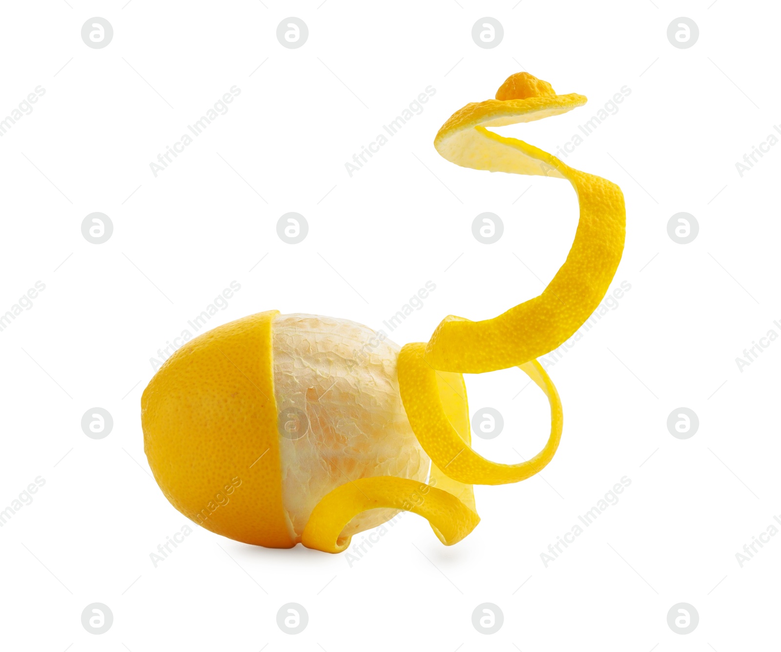 Photo of Fresh lemon peel and fruit isolated on white