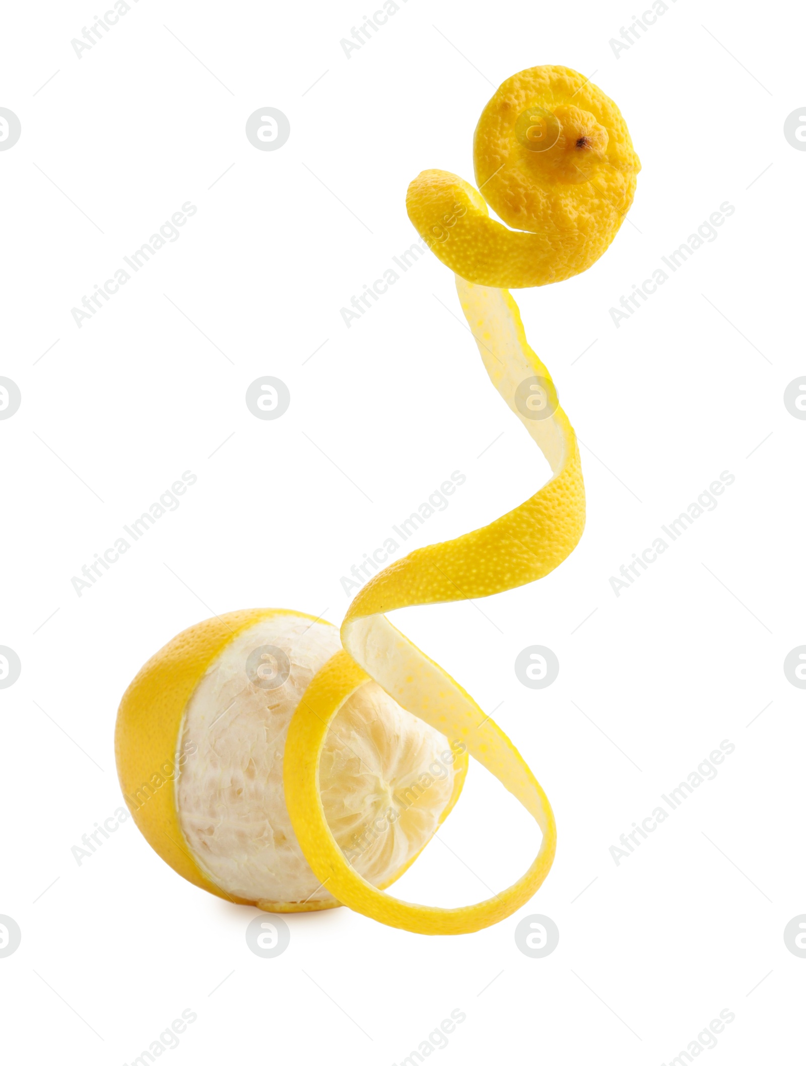 Photo of Fresh lemon peel and fruit isolated on white