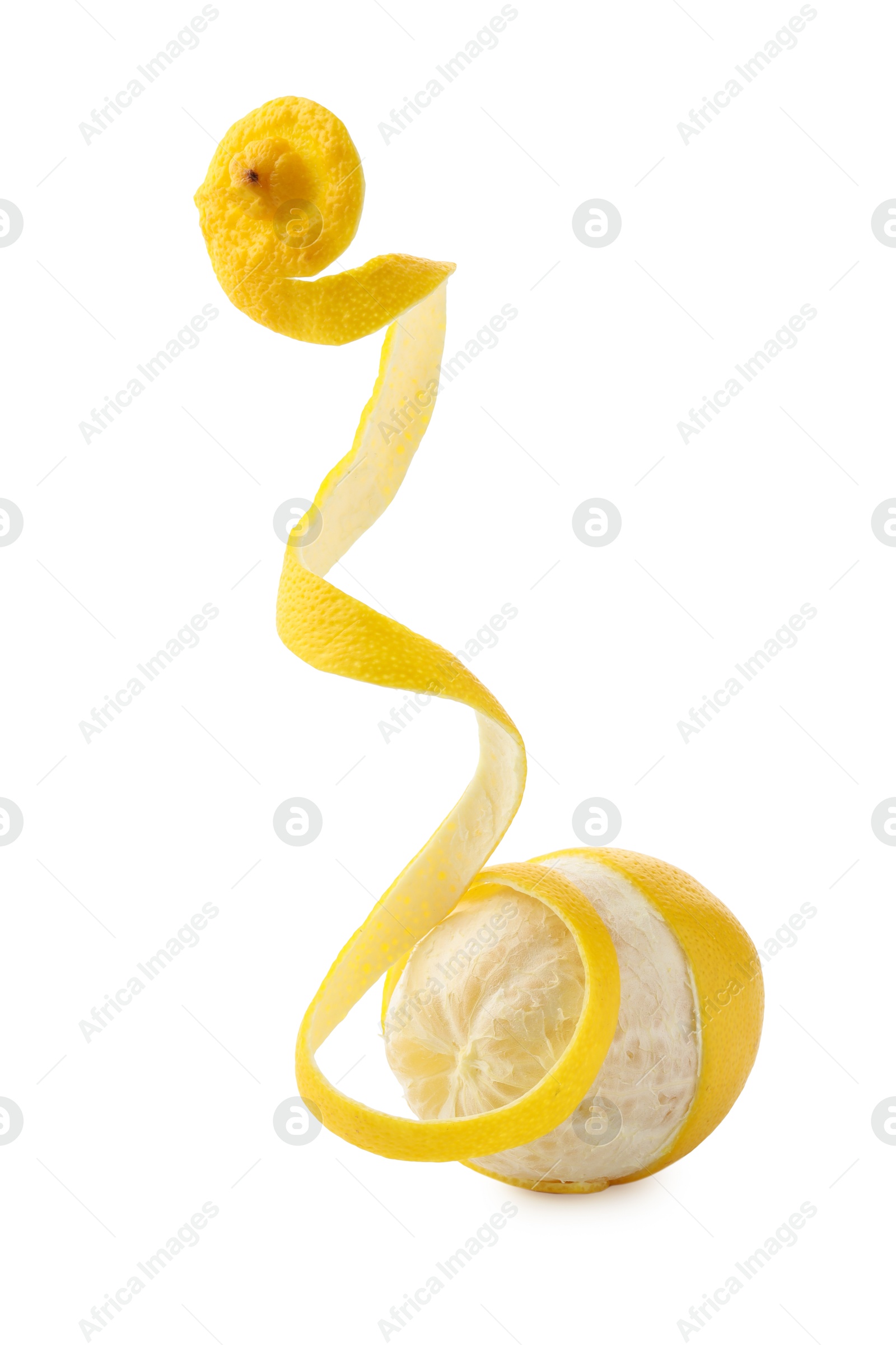 Photo of Fresh lemon peel and fruit isolated on white