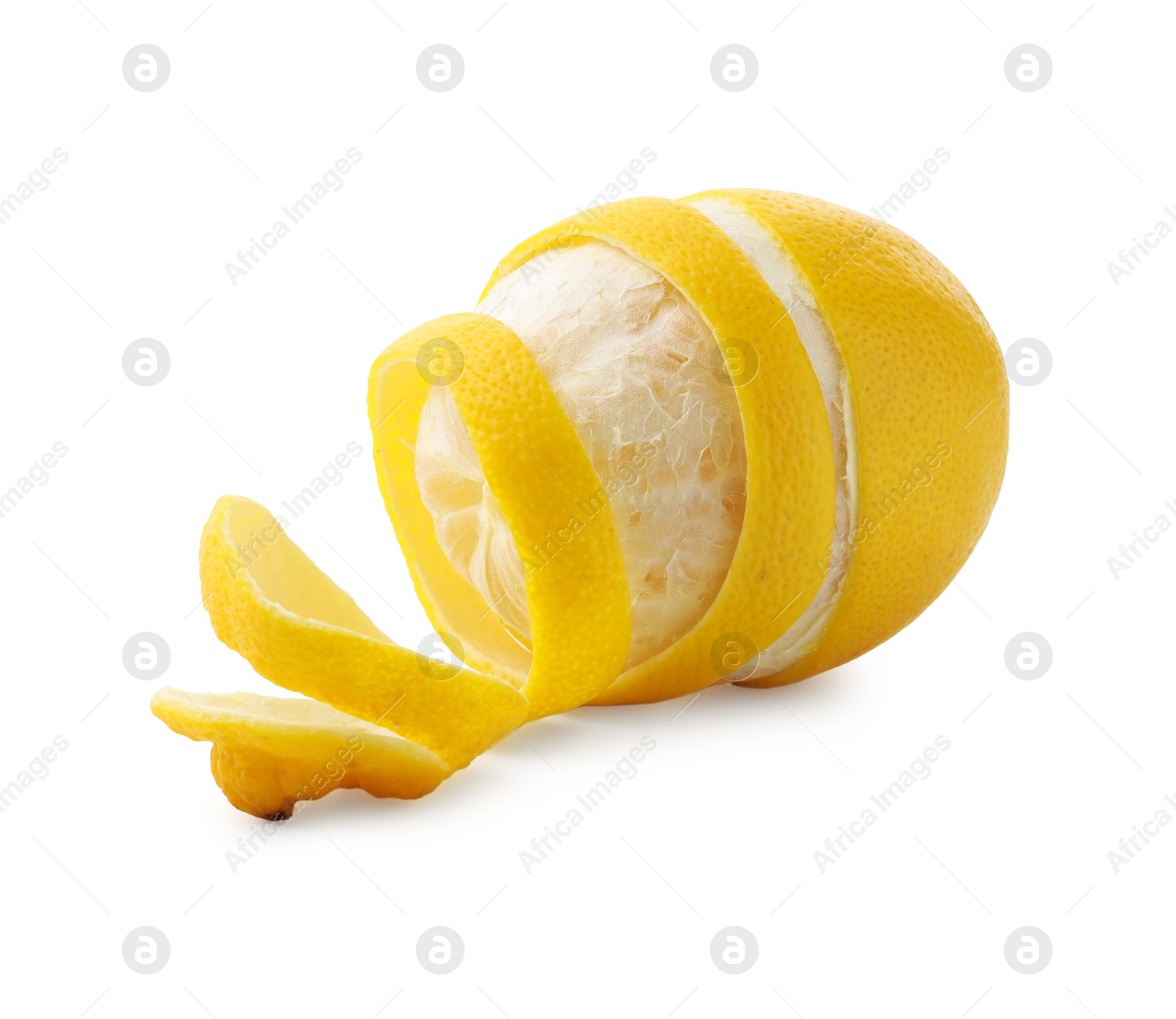 Photo of Fresh lemon peel and fruit isolated on white