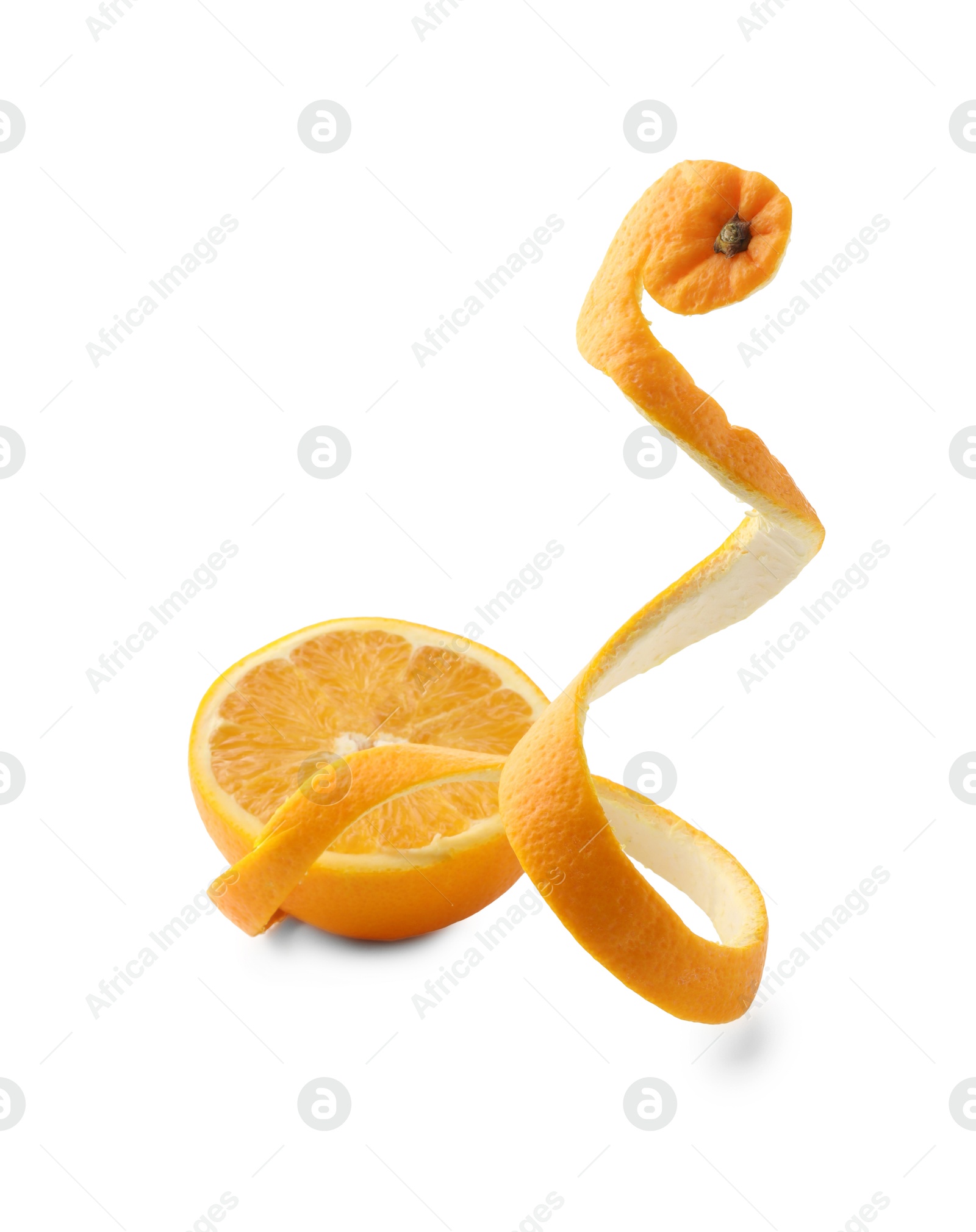 Photo of Fresh orange peel and half of fruit isolated on white