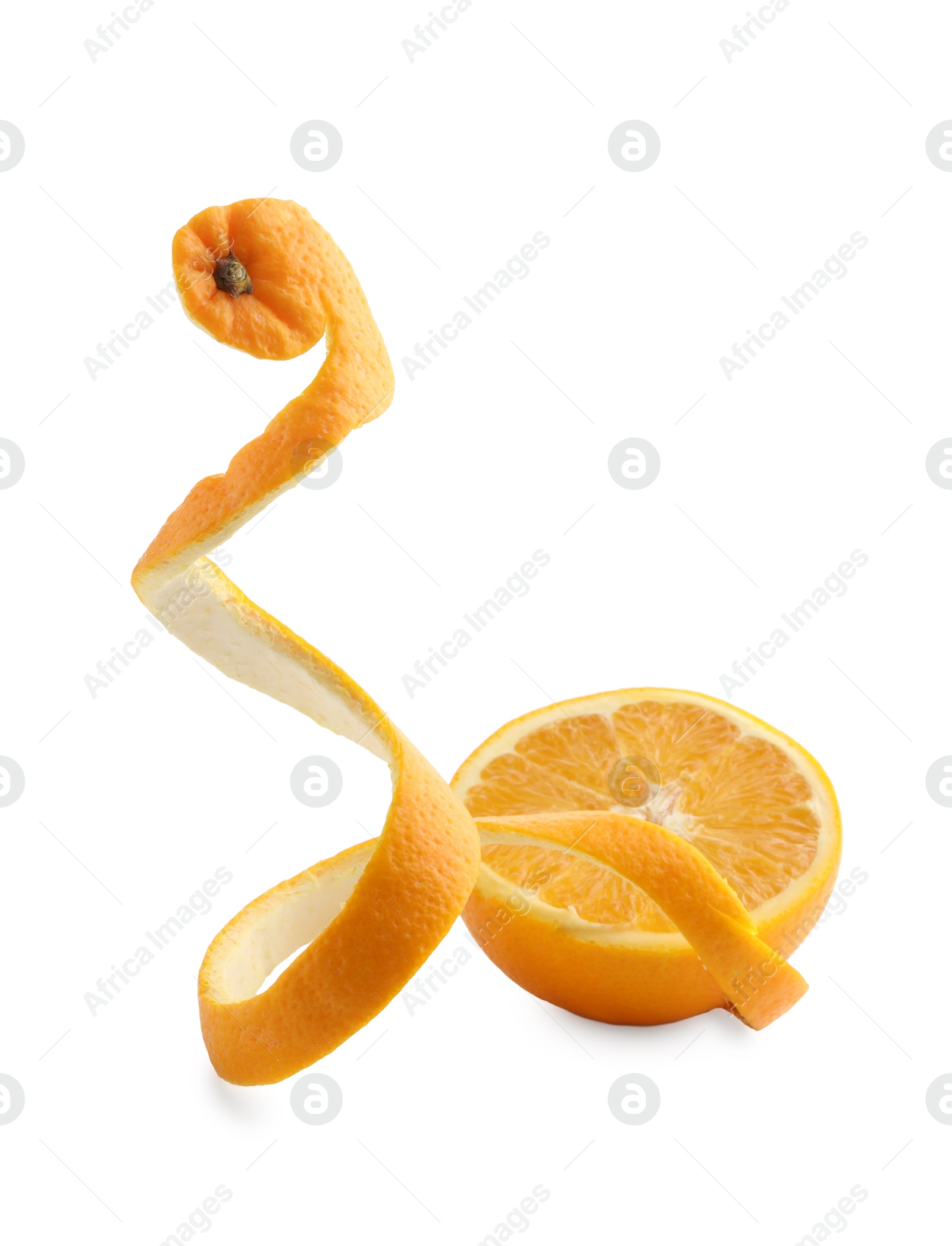 Photo of Fresh orange peel and half of fruit isolated on white