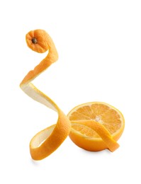 Photo of Fresh orange peel and half of fruit isolated on white