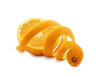 Photo of Fresh orange peel and half of fruit isolated on white