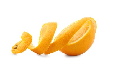 Photo of Fresh orange peel and half of fruit isolated on white