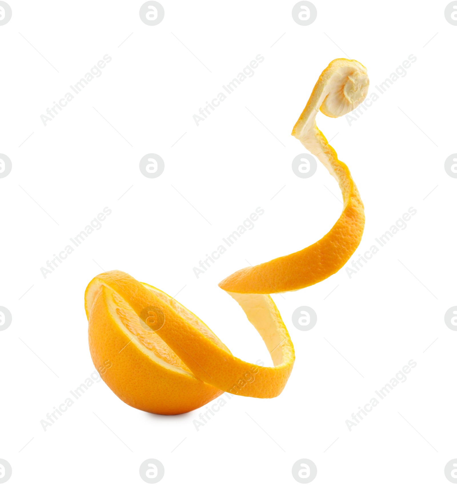 Photo of Fresh orange peel and half of fruit isolated on white