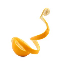 Photo of Fresh orange peel and half of fruit isolated on white