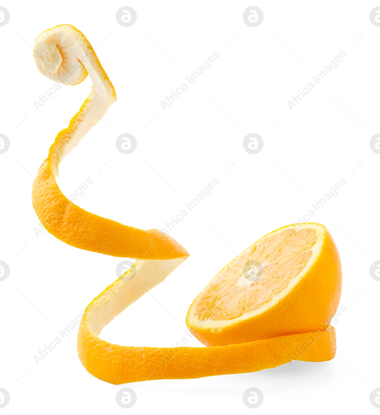 Photo of Fresh orange peel and half of fruit isolated on white