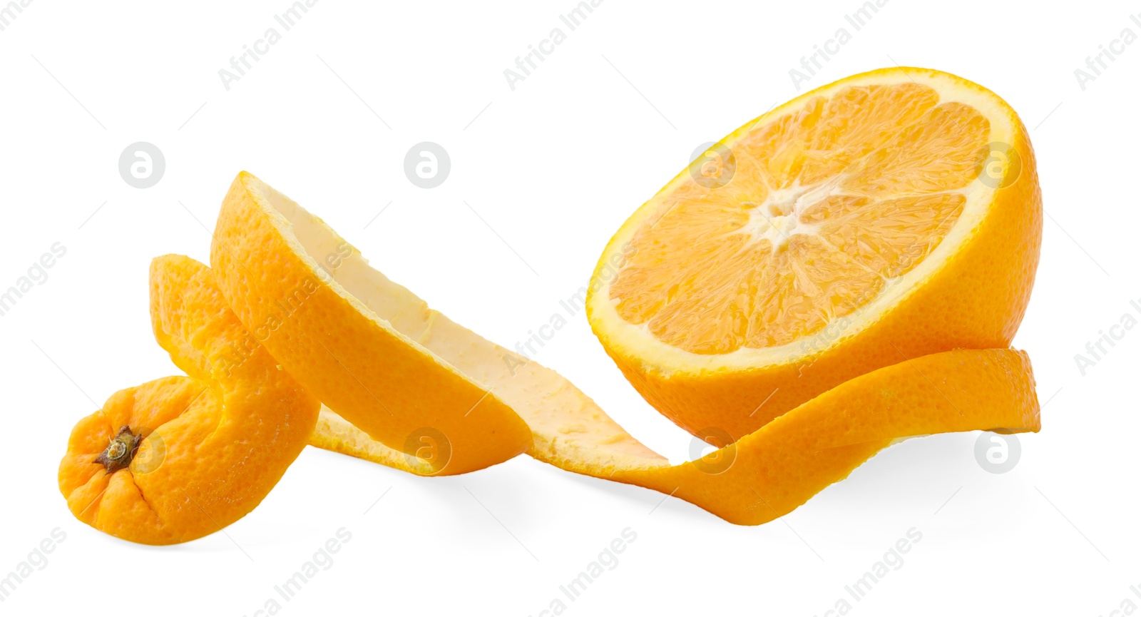 Photo of Fresh orange peel and half of fruit isolated on white