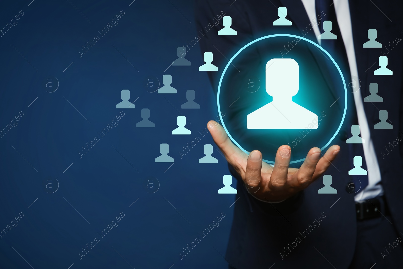 Image of Human resource. Businessman choosing virtual human figure on blue background, closeup