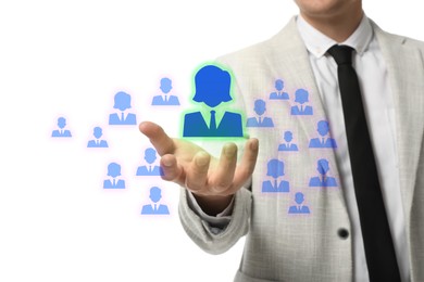 Image of Human resource. Businessman choosing one virtual figure among others on white background, closeup