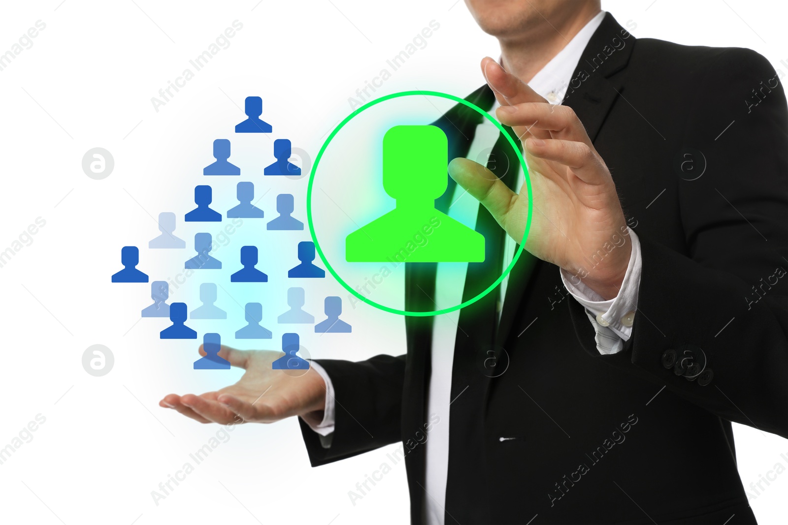 Image of Human resource. Businessman choosing one virtual figure among others on white background, closeup