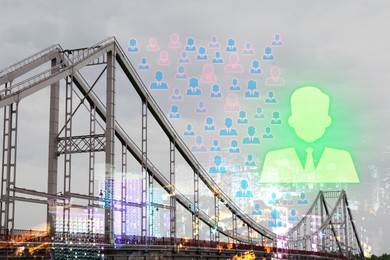 Image of Human resource. One virtual figure standing out among others against bridge