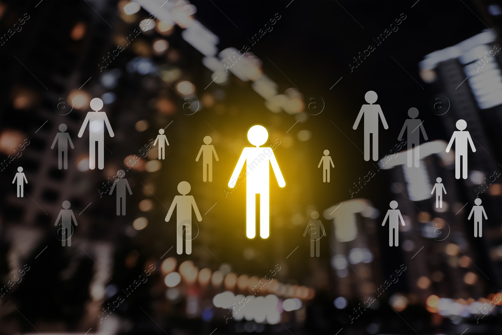 Image of Human resource. One virtual figure glowing among others against blurred night cityscape