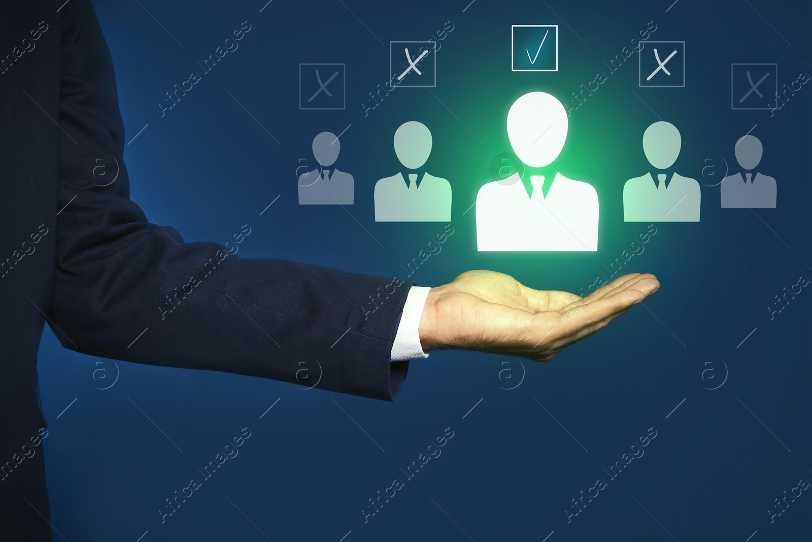 Image of Human resource. Businessman choosing one virtual figure among others on blue background, closeup