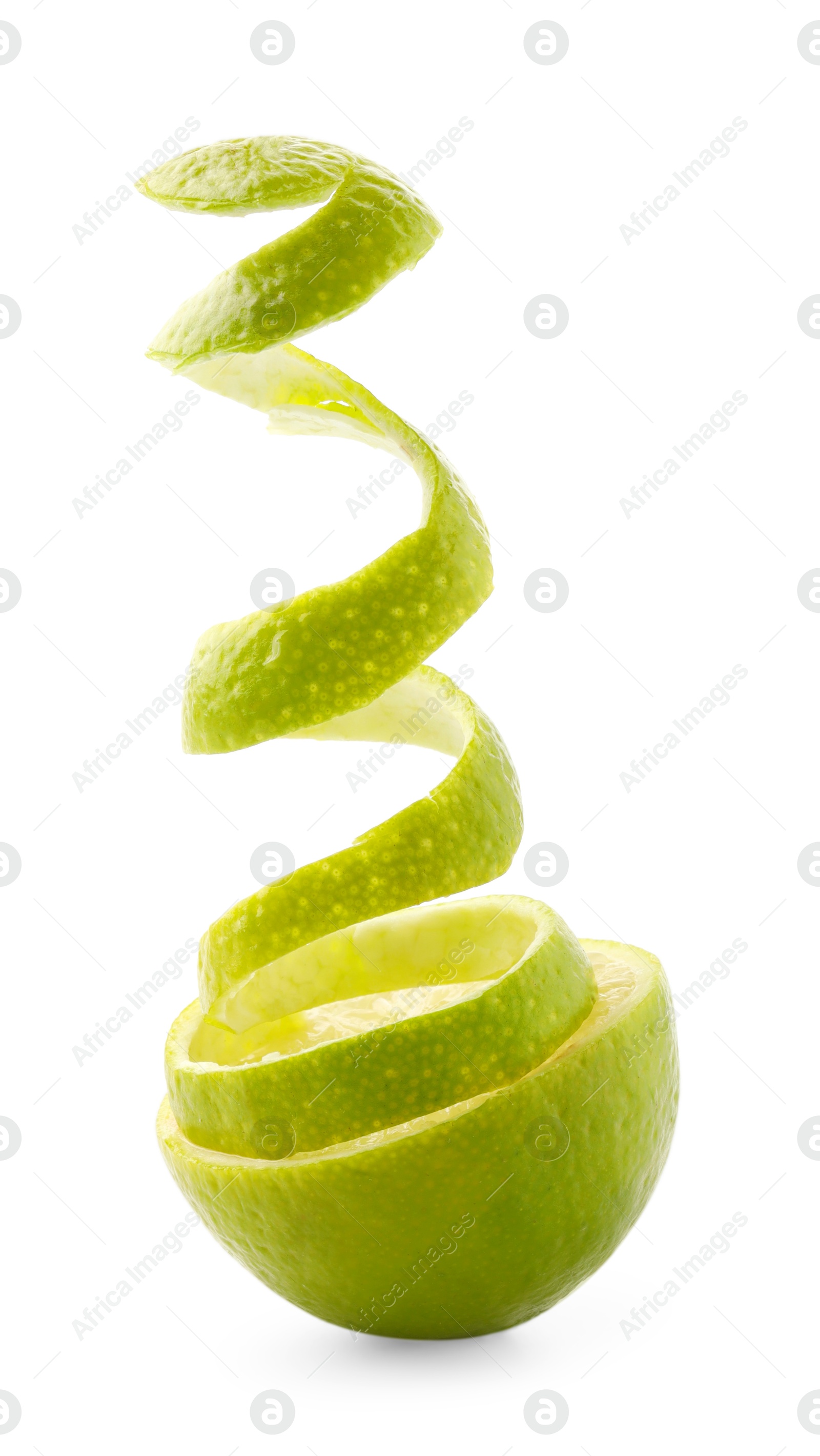 Photo of Fresh lime peel and half of fruit isolated on white