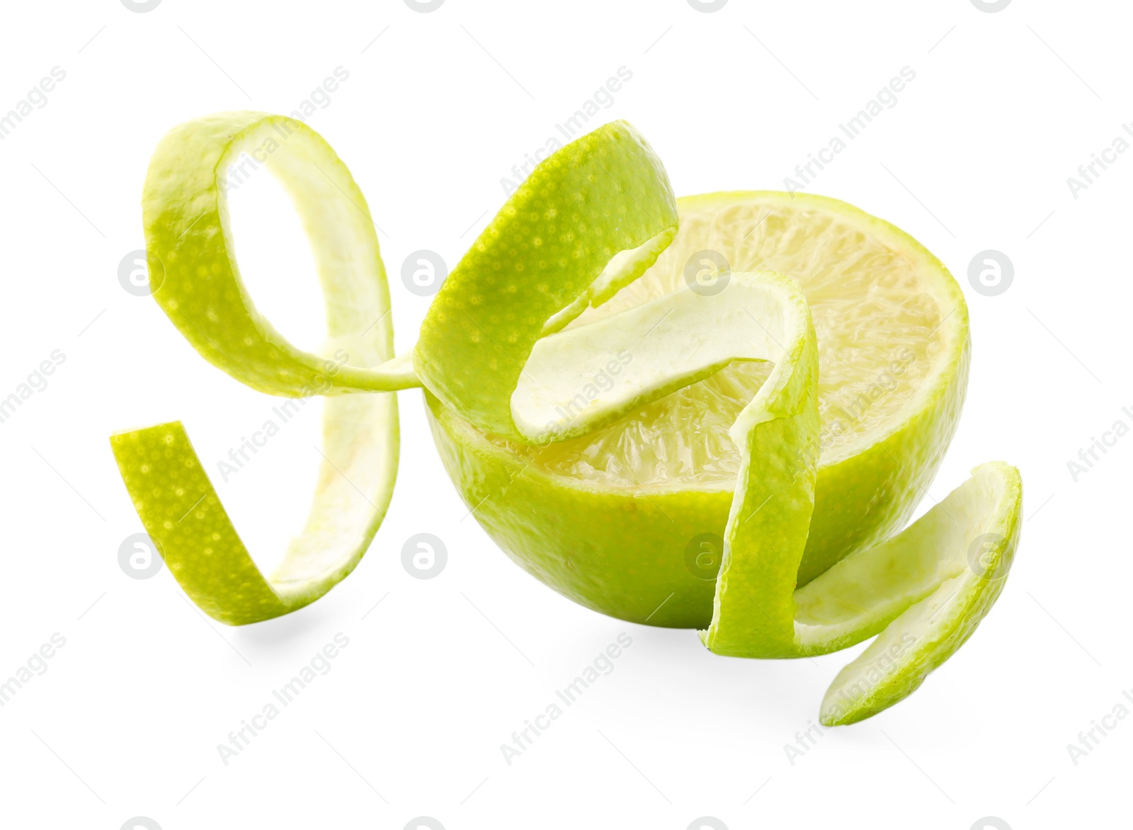 Photo of Fresh lime peel and half of fruit isolated on white