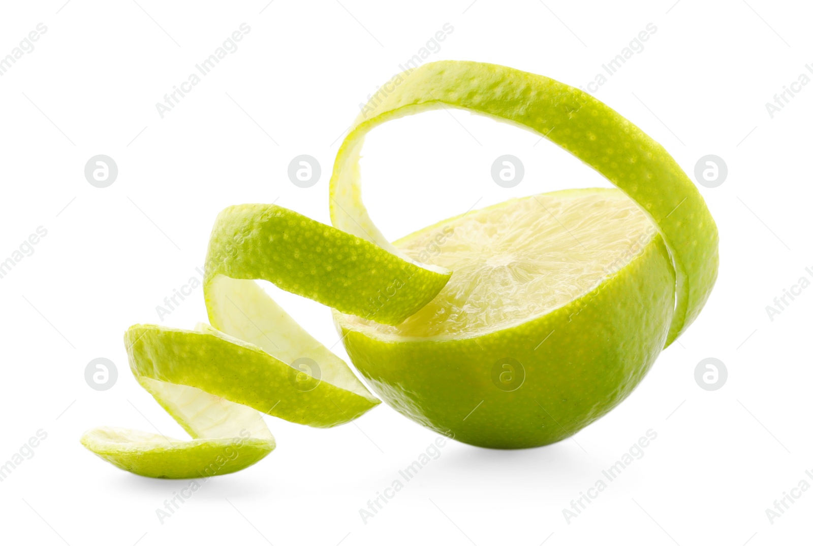 Photo of Fresh lime peel and half of fruit isolated on white