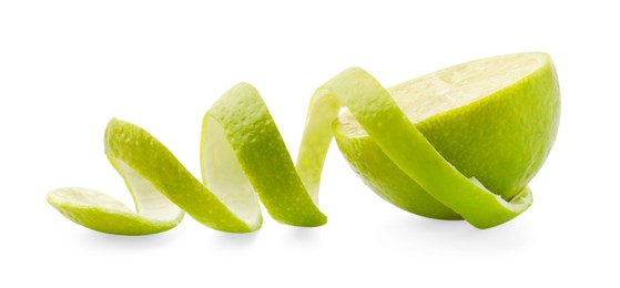 Photo of Fresh lime peel and half of fruit isolated on white