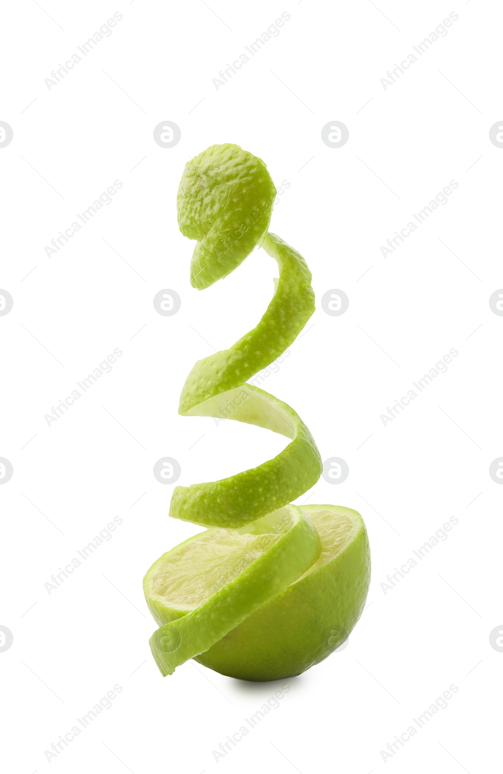 Photo of Fresh lime peel and half of fruit isolated on white