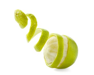 Photo of Fresh lime peel and fruit isolated on white