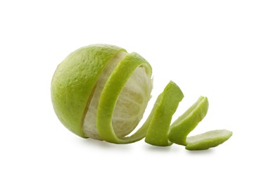 Photo of Fresh lime peel and fruit isolated on white