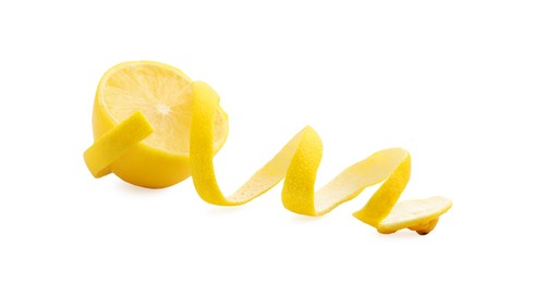 Photo of Fresh lemon peel and half of fruit isolated on white