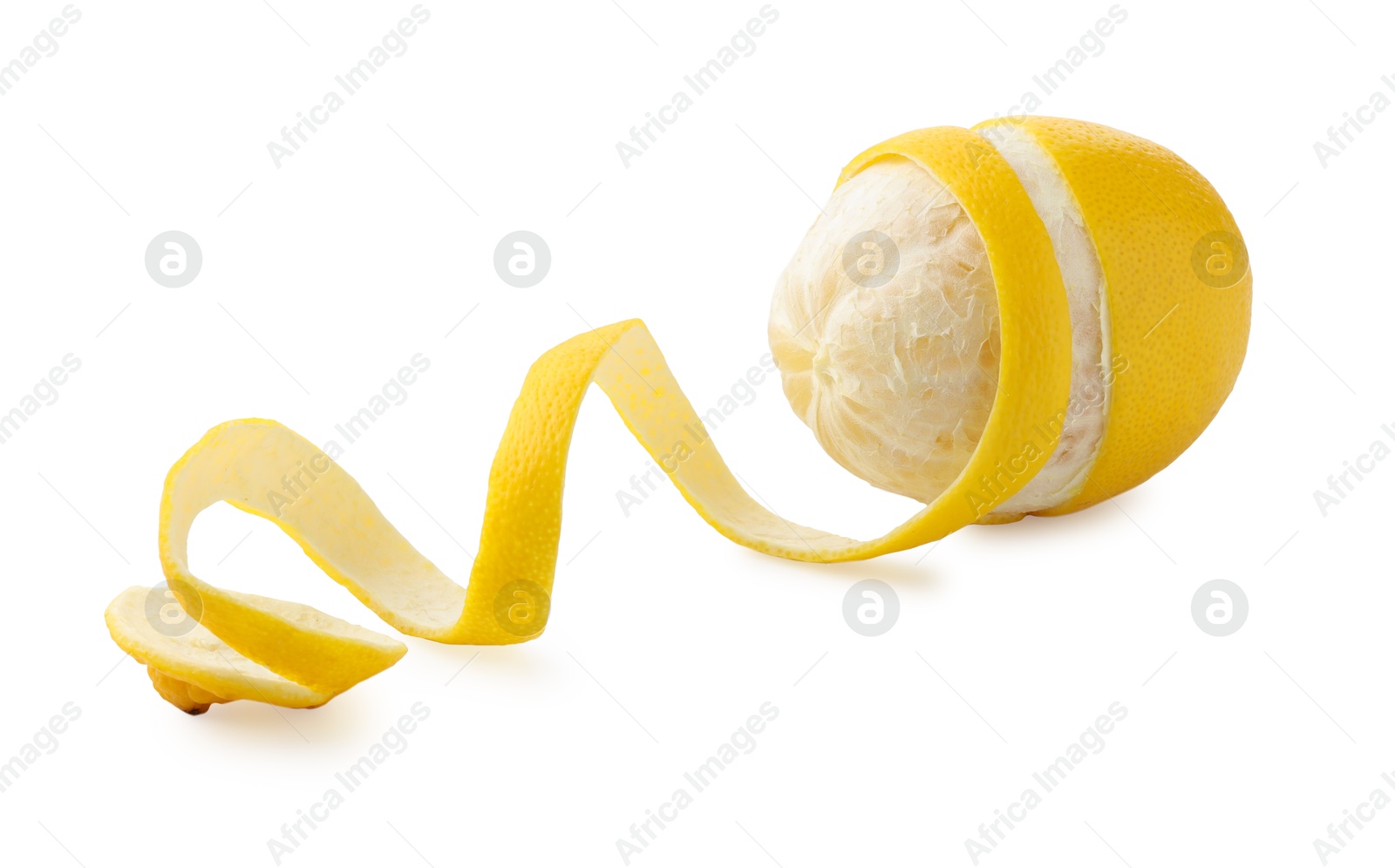 Photo of Fresh lemon peel and fruit isolated on white