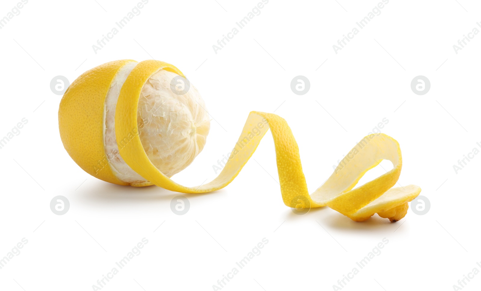 Photo of Fresh lemon peel and fruit isolated on white