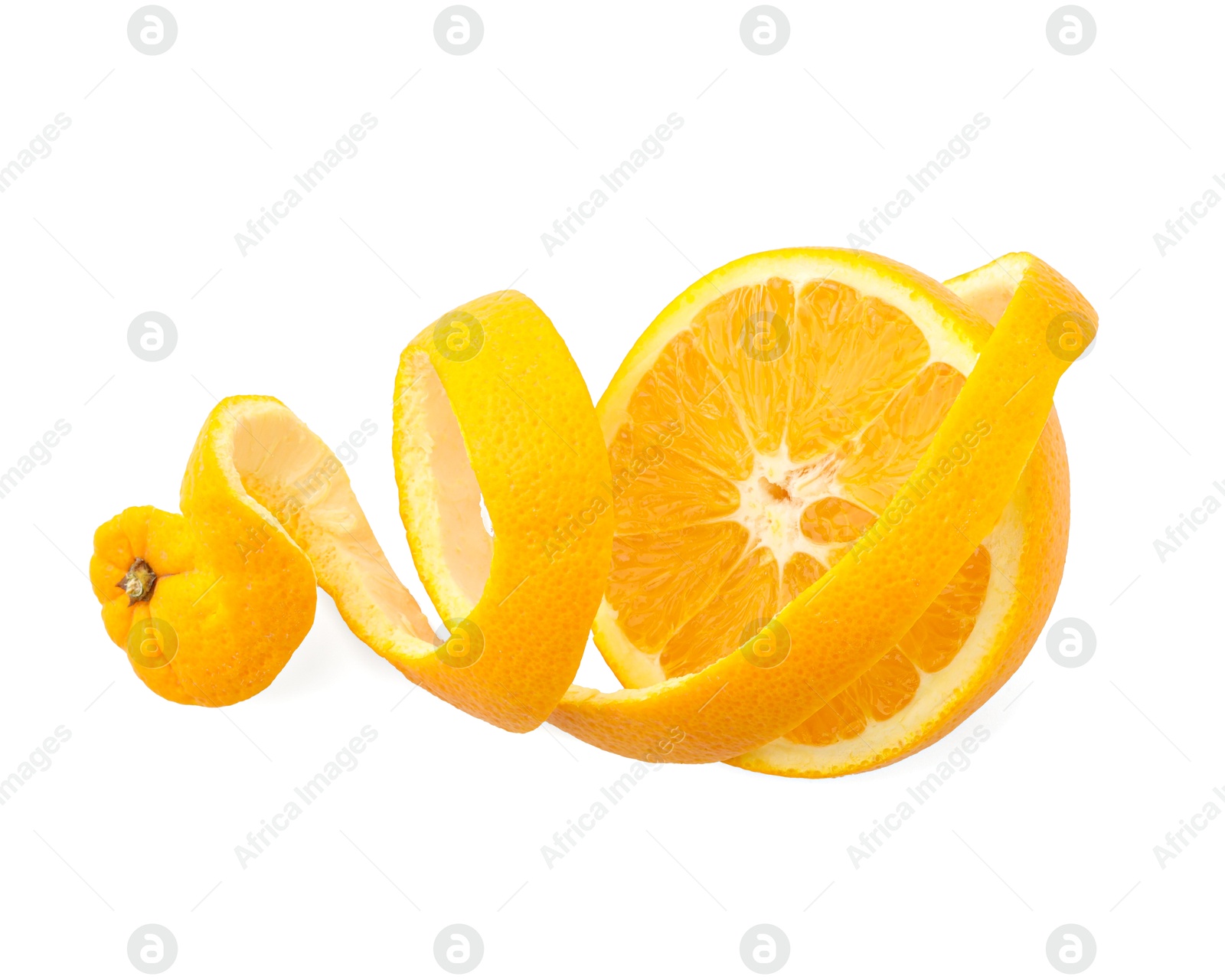 Photo of Fresh orange peel and half of fruit isolated on white