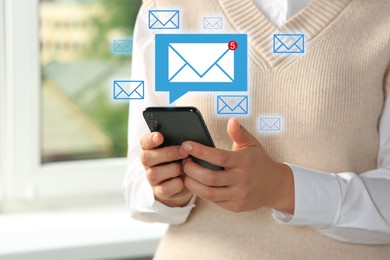 Image of Woman using mobile phone indoors, closeup. New message notification near device. Illustration of envelope