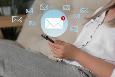 Image of Woman using mobile phone indoors, closeup. New message notification near device. Illustration of envelope