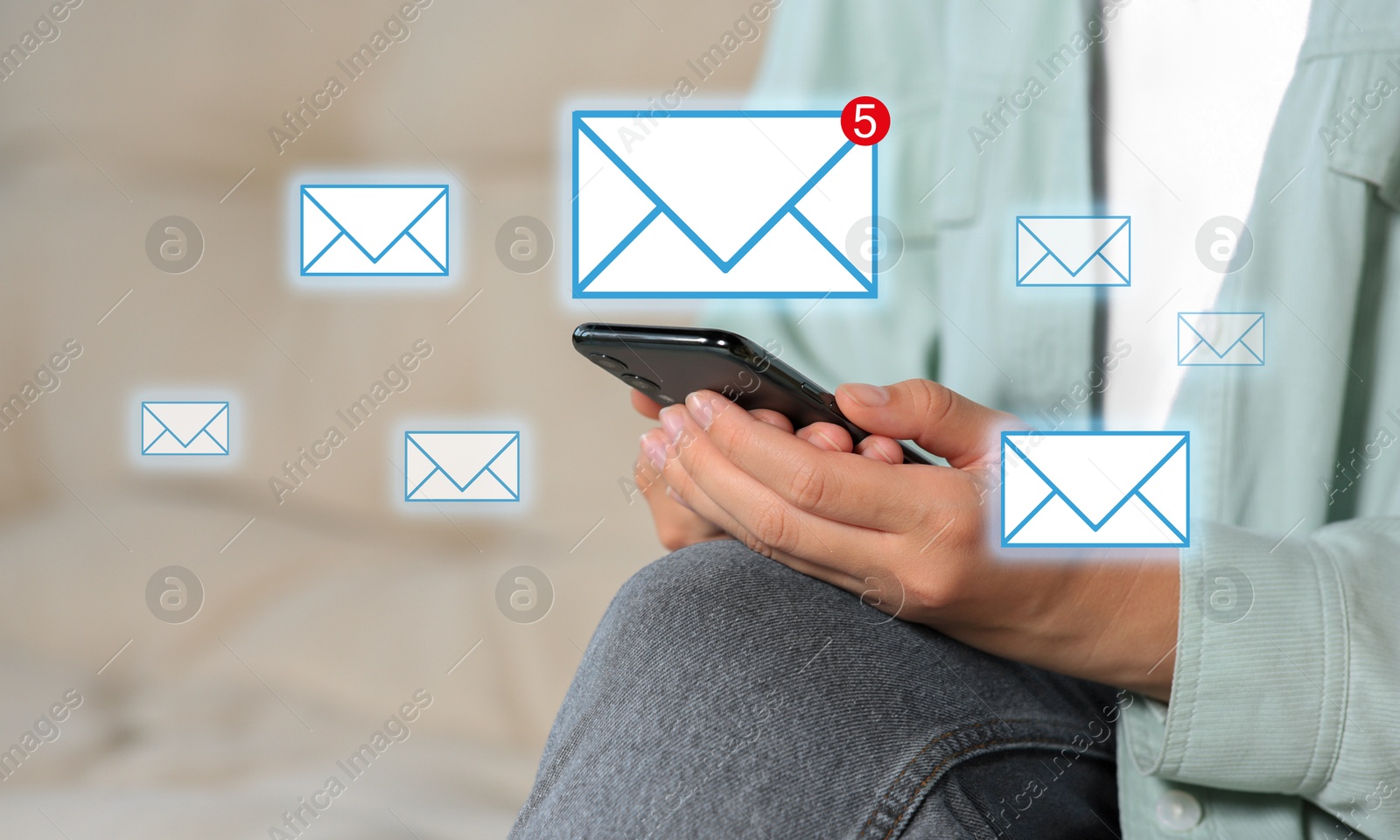 Image of Woman using mobile phone indoors, closeup. New message notification near device. Illustration of envelope